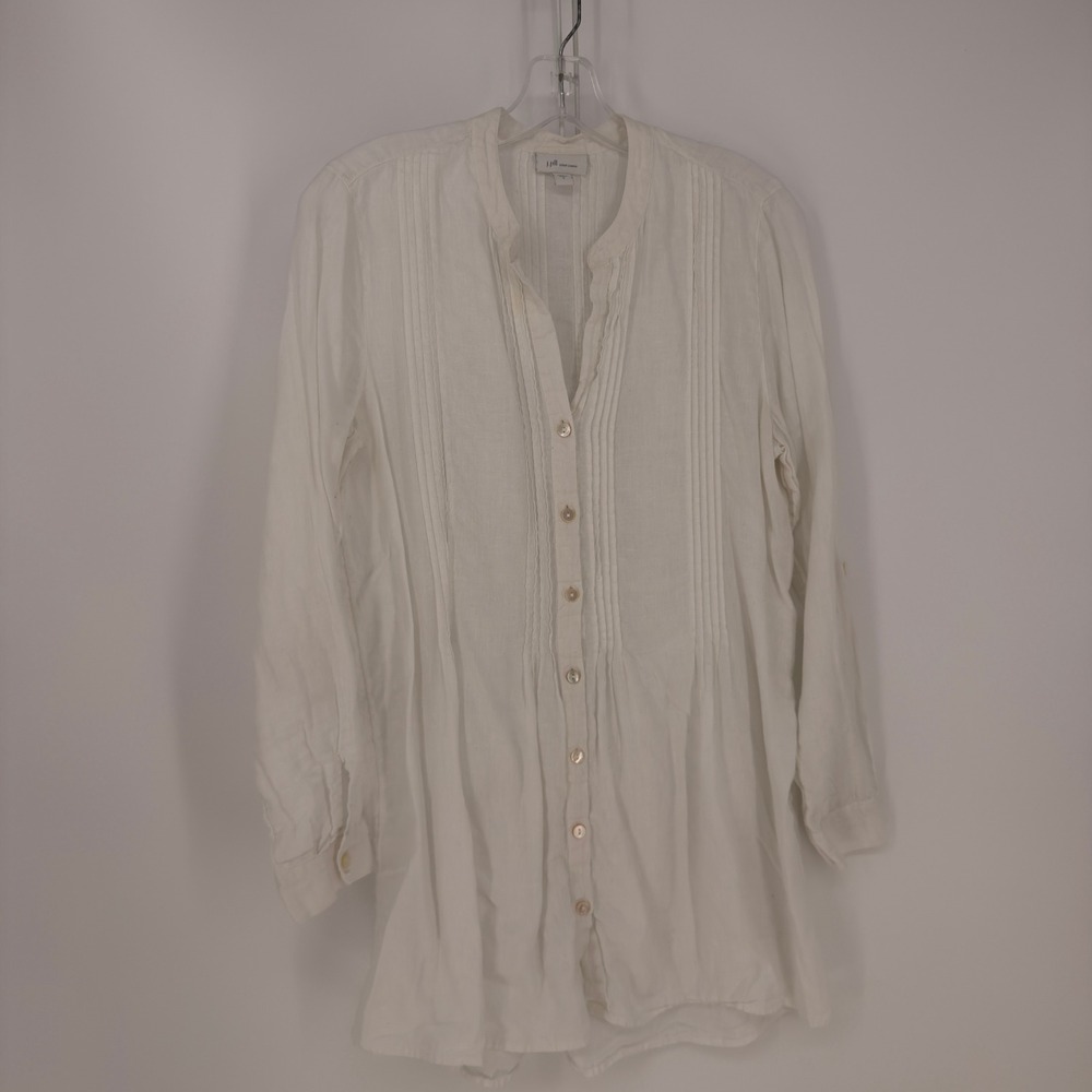 J. Jill Love Linen Tunic Womens S White Pintuck Button Up Boho Coastal Timeless